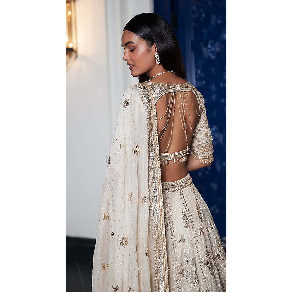 Basanti Kapde aur Koffee Ivory Organza Embroidered Lehenga with Blouse and Dupatta