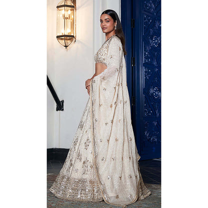 Basanti Kapde aur Koffee Ivory Organza Embroidered Lehenga with Blouse and Dupatta