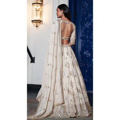 Basanti Kapde aur Koffee Ivory Organza Embroidered Lehenga with Blouse and Dupatta