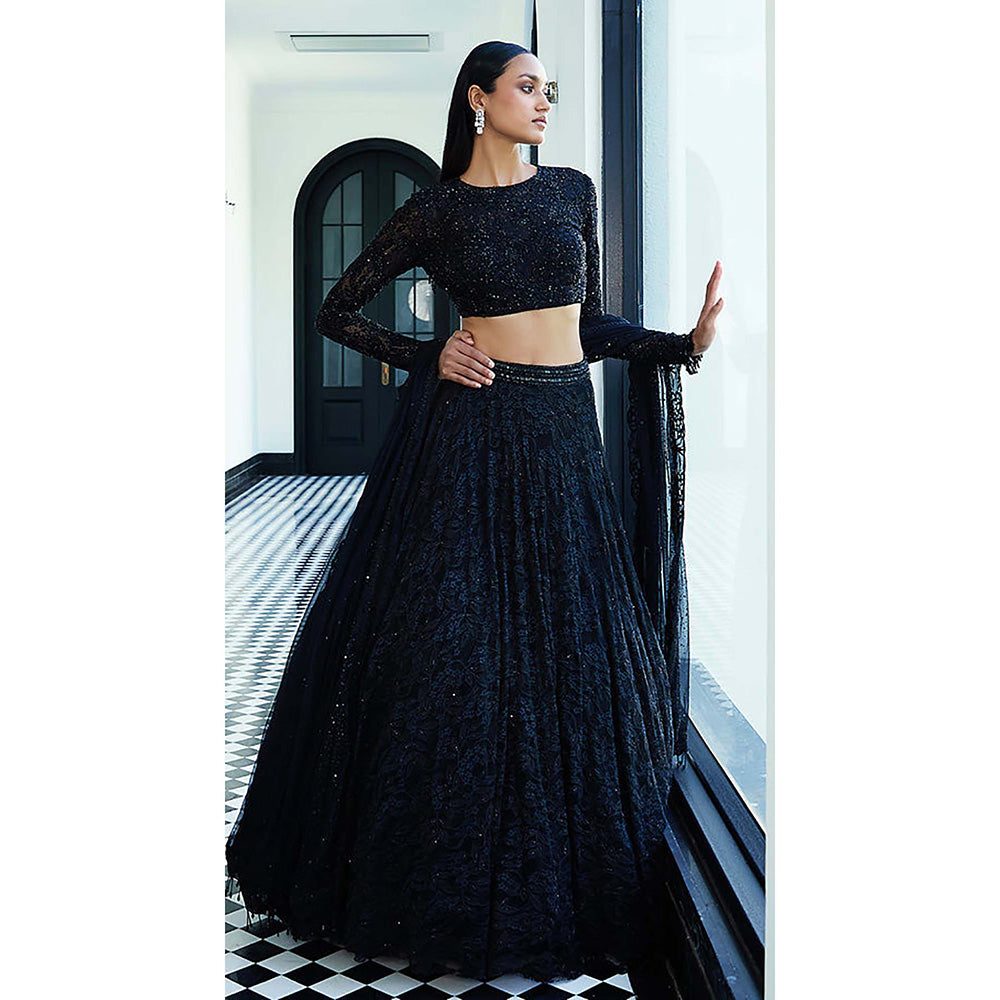 Basanti Kapde aur Koffee Black Chantilly Net Embroidered Lehenga with Blouse and Dupatta