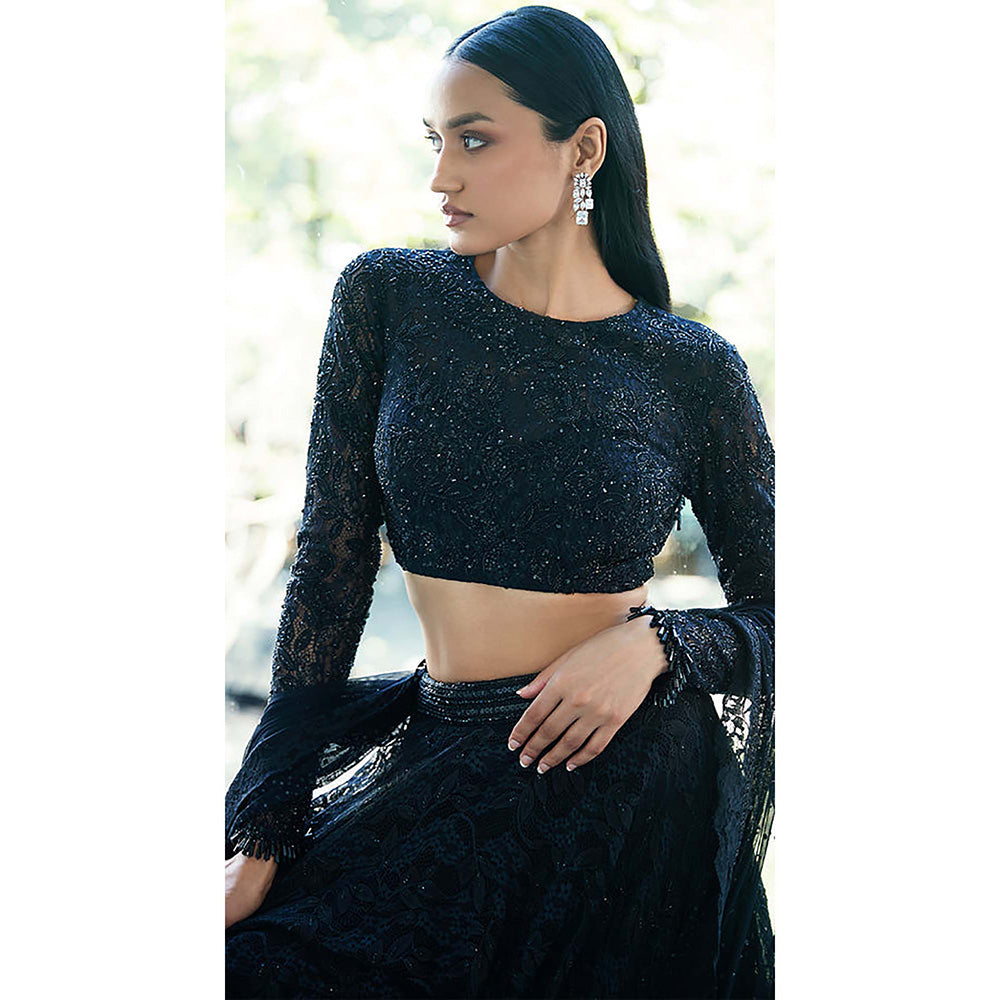 Basanti Kapde aur Koffee Black Chantilly Net Embroidered Lehenga with Blouse and Dupatta