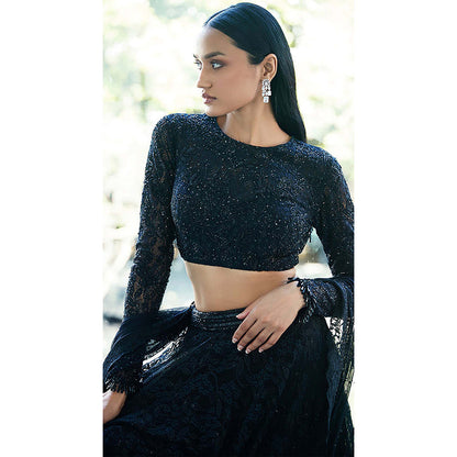 Basanti Kapde aur Koffee Black Chantilly Net Embroidered Lehenga with Blouse and Dupatta