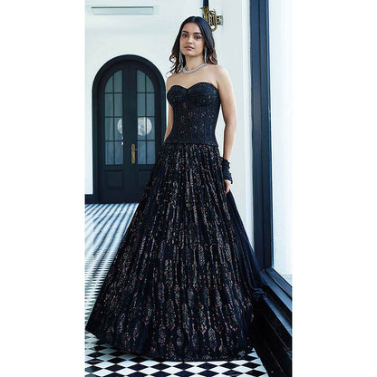 Basanti Kapde aur Koffee Black Chantilly Net Embroidered Lehenga with Corset Blouse and Dupatta