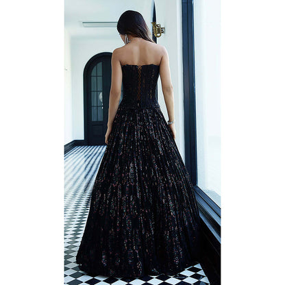 Basanti Kapde aur Koffee Black Chantilly Net Embroidered Lehenga with Corset Blouse and Dupatta