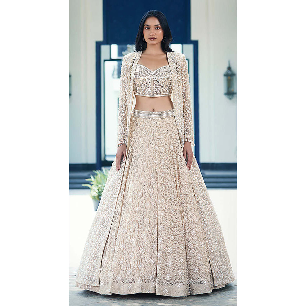 Basanti Kapde aur Koffee Beige Chantilly Net Embroidered Lehenga with Corset Blouse and Jacket