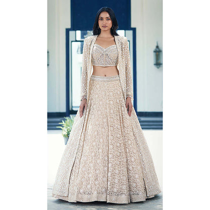 Basanti Kapde aur Koffee Beige Chantilly Net Embroidered Lehenga with Corset Blouse and Jacket
