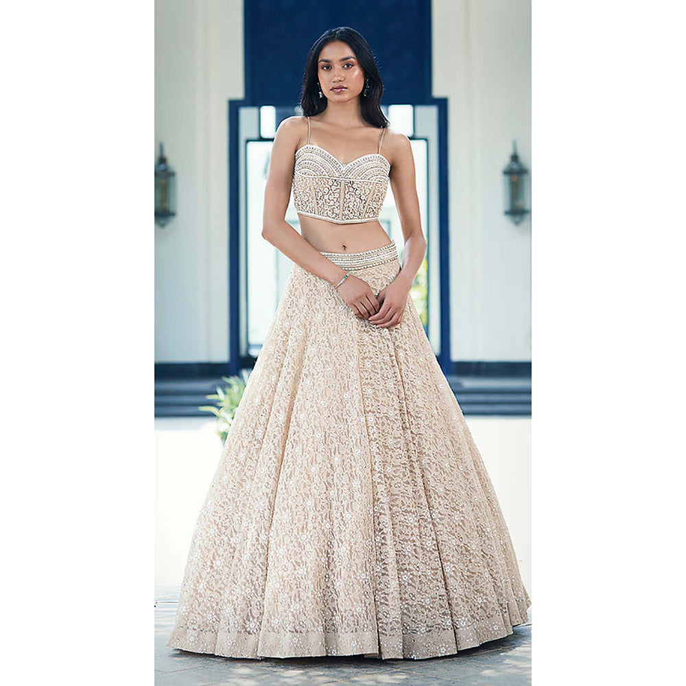 Basanti Kapde aur Koffee Beige Chantilly Net Embroidered Lehenga with Corset Blouse and Jacket