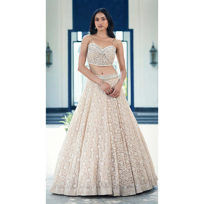 Basanti Kapde aur Koffee Beige Chantilly Net Embroidered Lehenga with Corset Blouse and Jacket