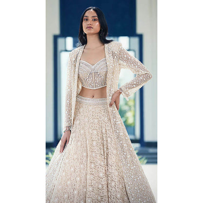 Basanti Kapde aur Koffee Beige Chantilly Net Embroidered Lehenga with Corset Blouse and Jacket
