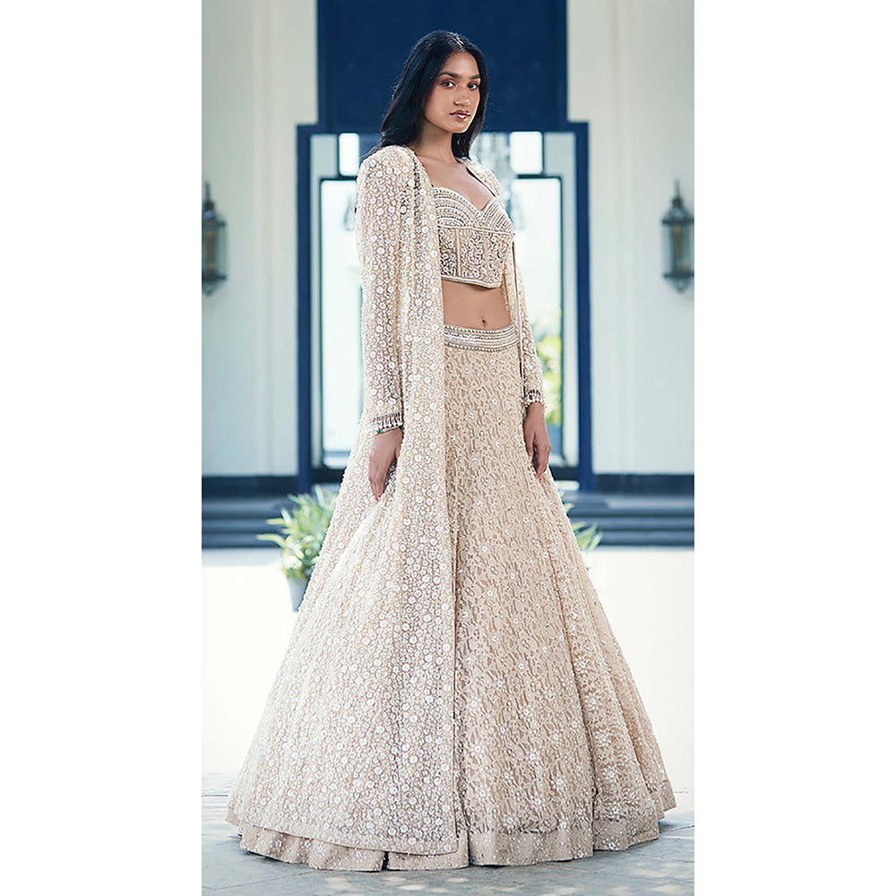 Basanti Kapde aur Koffee Beige Chantilly Net Embroidered Lehenga with Corset Blouse and Jacket