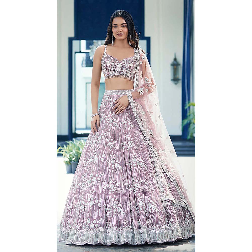 Basanti Kapde aur Koffee Mauve Organza Embroidered Lehenga with Blouse and Dupatta