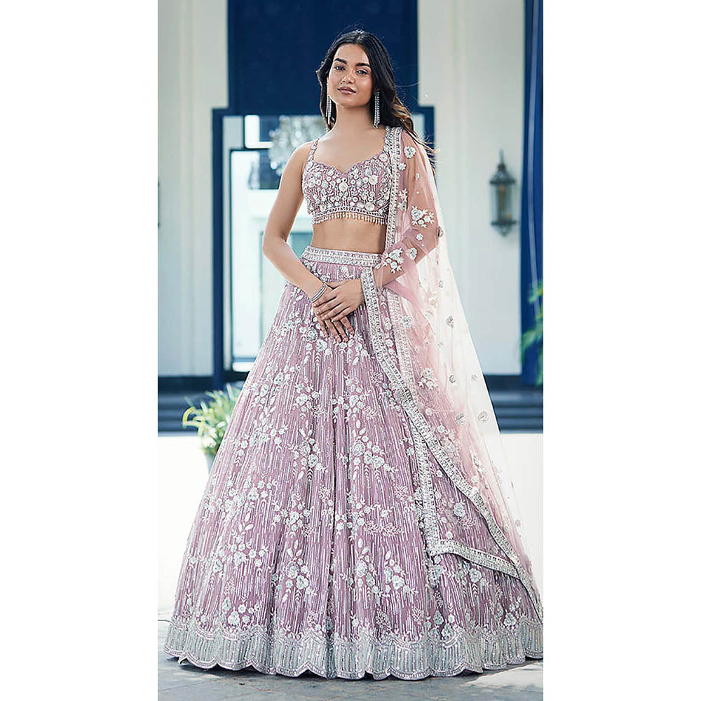 Basanti Kapde aur Koffee Mauve Organza Embroidered Lehenga with Blouse and Dupatta