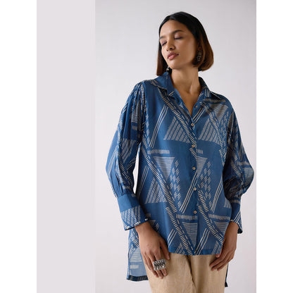 Basanti Kapde aur Koffee Blue Muslin Abstract Print Shirt