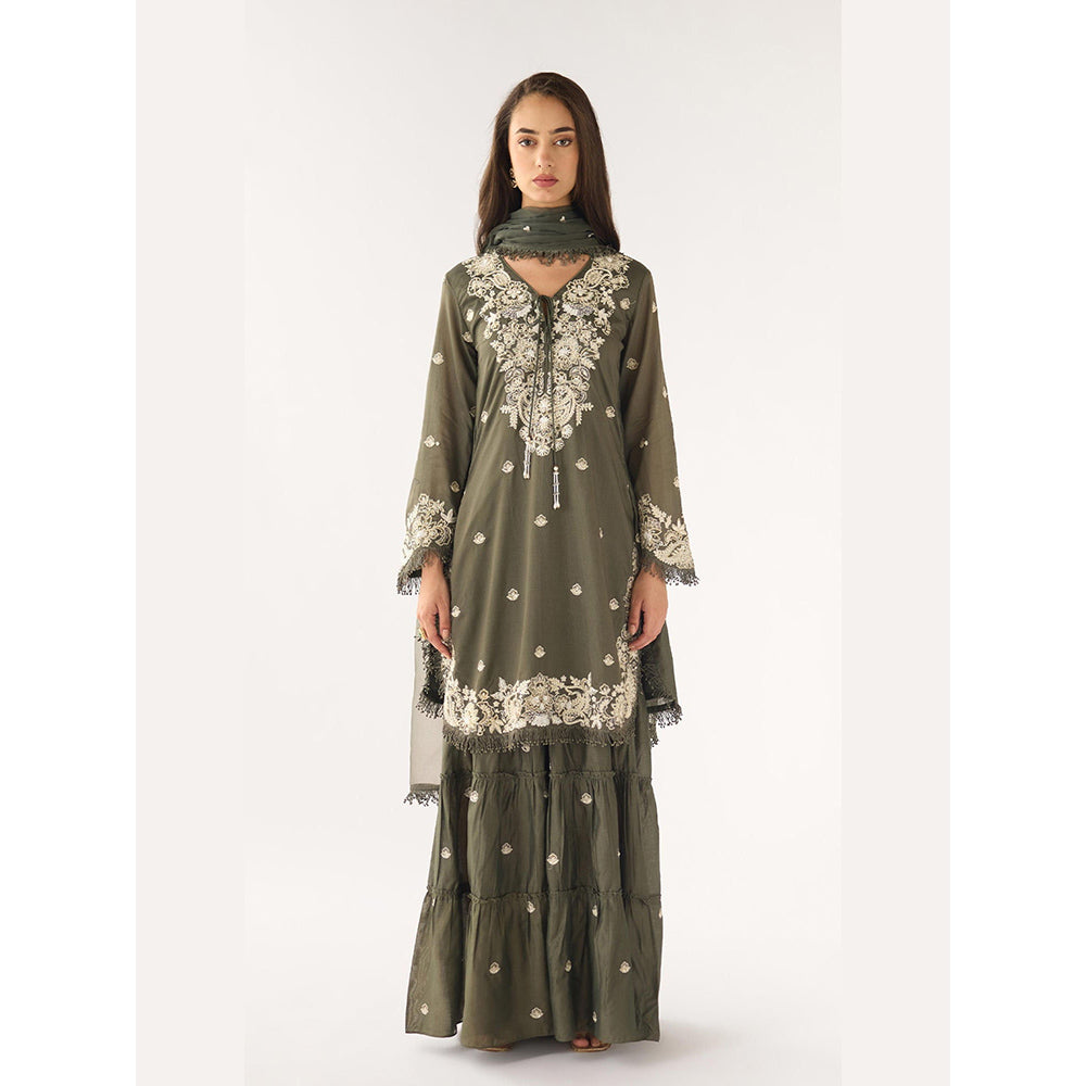 Basanti Kapde aur Koffee Olive Chanderi Embroidered Kurta with Sharara and Dupatta