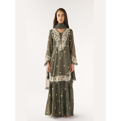 Basanti Kapde aur Koffee Olive Chanderi Embroidered Kurta with Sharara and Dupatta