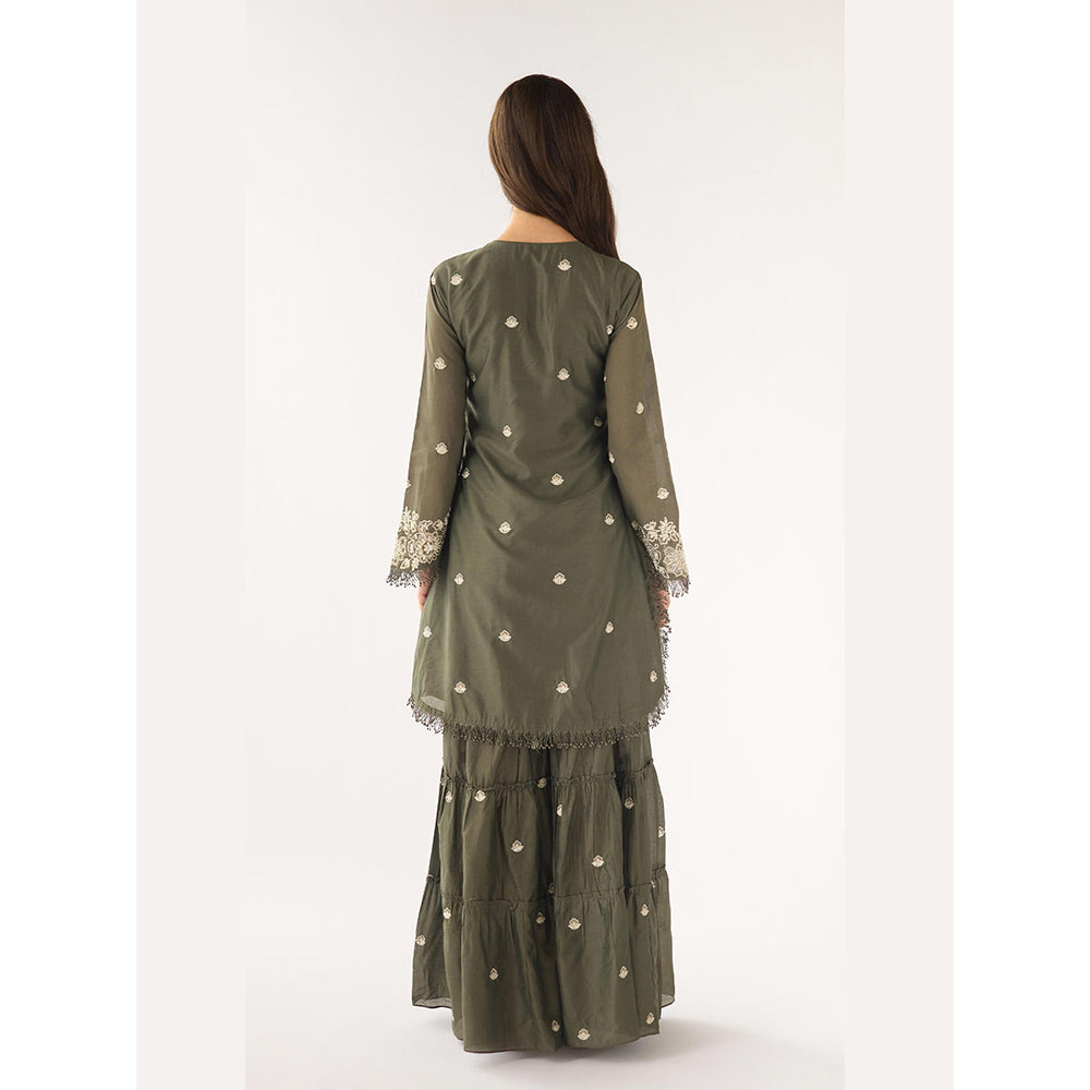 Basanti Kapde aur Koffee Olive Chanderi Embroidered Kurta with Sharara and Dupatta