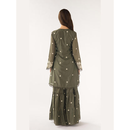 Basanti Kapde aur Koffee Olive Chanderi Embroidered Kurta with Sharara and Dupatta
