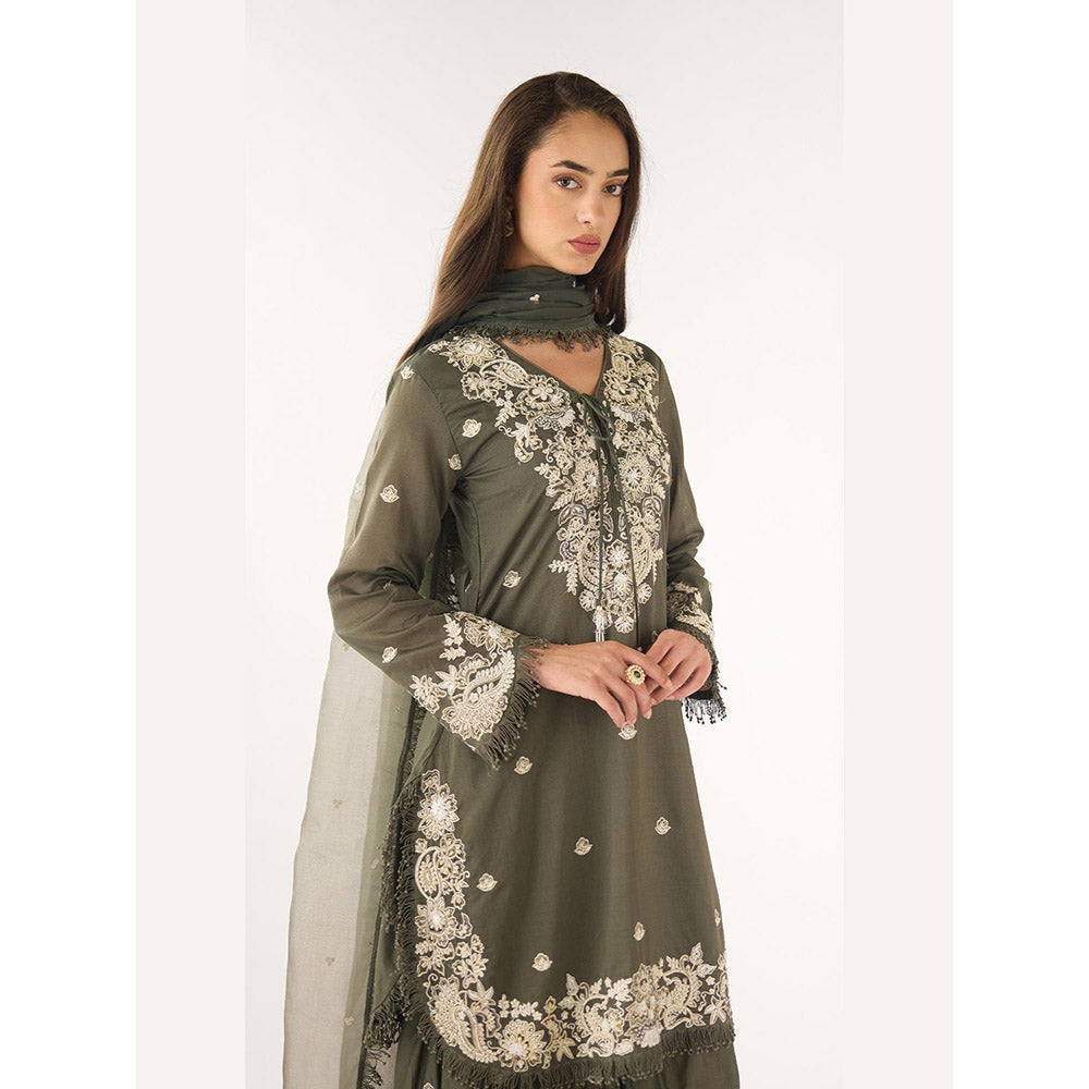 Basanti Kapde aur Koffee Olive Chanderi Embroidered Kurta with Sharara and Dupatta