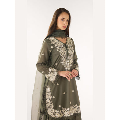 Basanti Kapde aur Koffee Olive Chanderi Embroidered Kurta with Sharara and Dupatta