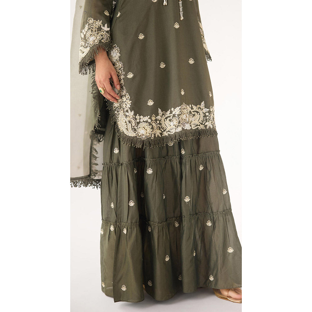 Basanti Kapde aur Koffee Olive Chanderi Embroidered Kurta with Sharara and Dupatta