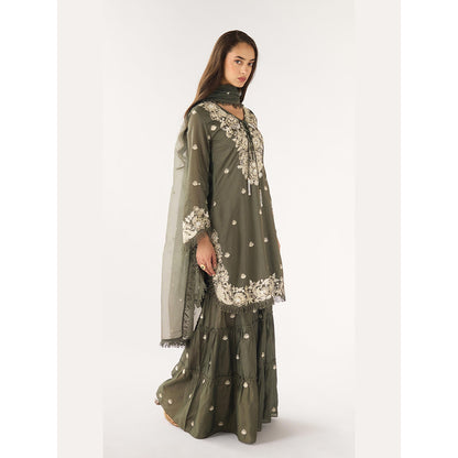 Basanti Kapde aur Koffee Olive Chanderi Embroidered Kurta with Sharara and Dupatta