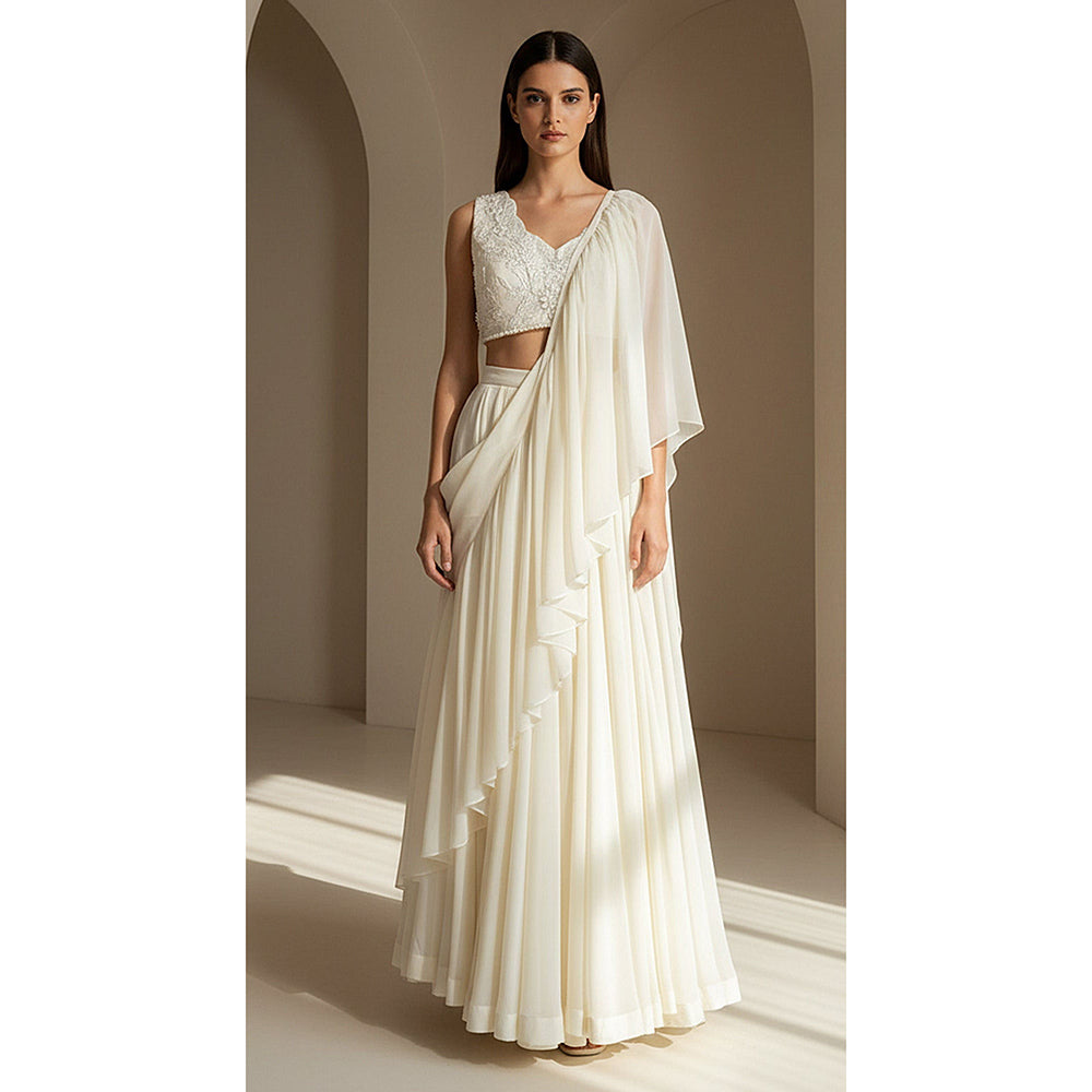 Basanti Kapde aur Koffee Ivory Organza Embroidered Pleated Saree with Stitched Blouse