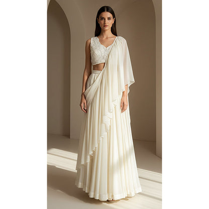 Basanti Kapde aur Koffee Ivory Organza Embroidered Pleated Saree with Stitched Blouse
