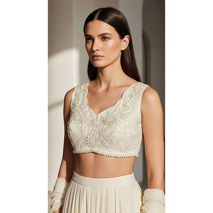 Basanti Kapde aur Koffee Ivory Organza Embroidered Pleated Saree with Stitched Blouse