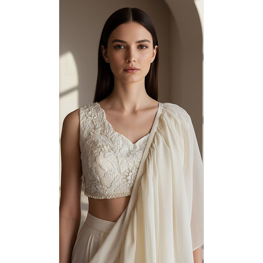 Basanti Kapde aur Koffee Ivory Organza Embroidered Pleated Saree with Stitched Blouse