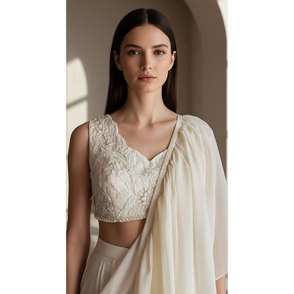 Basanti Kapde aur Koffee Ivory Organza Embroidered Pleated Saree with Stitched Blouse