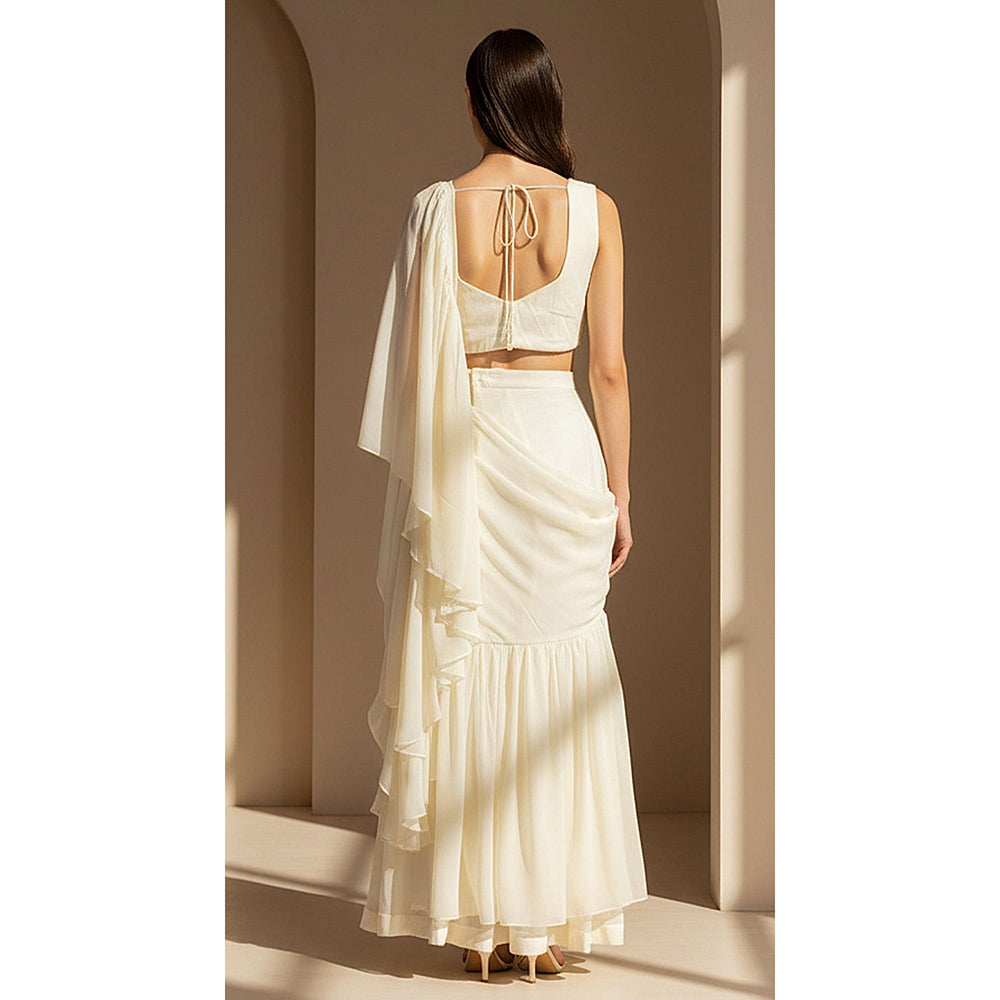 Basanti Kapde aur Koffee Ivory Organza Embroidered Pleated Saree with Stitched Blouse