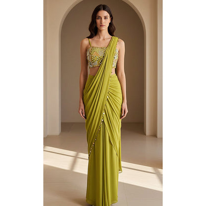 Basanti Kapde aur Koffee Green Chinon Embroidered Draped Saree With Stitched Blouse