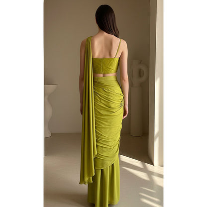 Basanti Kapde aur Koffee Green Chinon Embroidered Draped Saree With Stitched Blouse