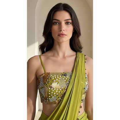 Basanti Kapde aur Koffee Green Chinon Embroidered Draped Saree With Stitched Blouse