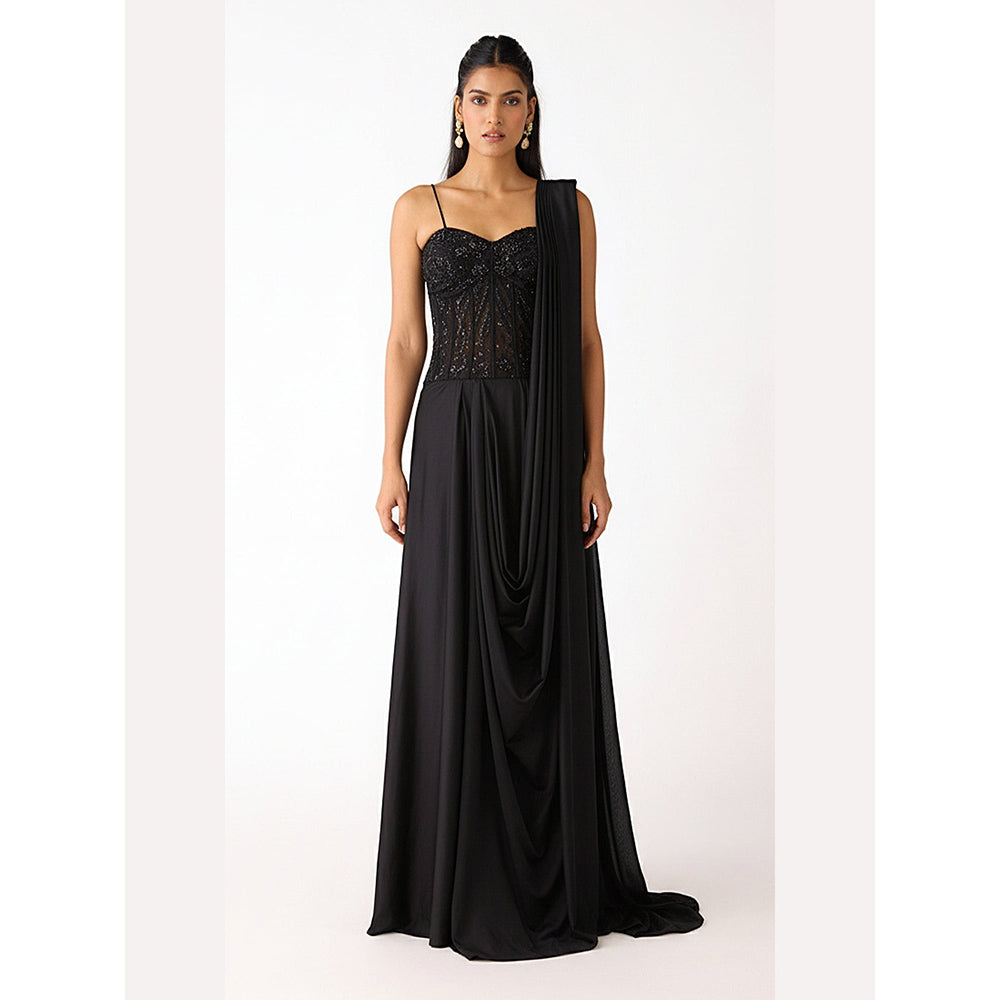 Basanti Kapde aur Koffee Black Chantley Net Draped Saree with Corset Stitched Blouse