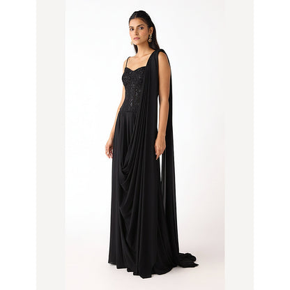 Basanti Kapde aur Koffee Black Chantley Net Draped Saree with Corset Stitched Blouse