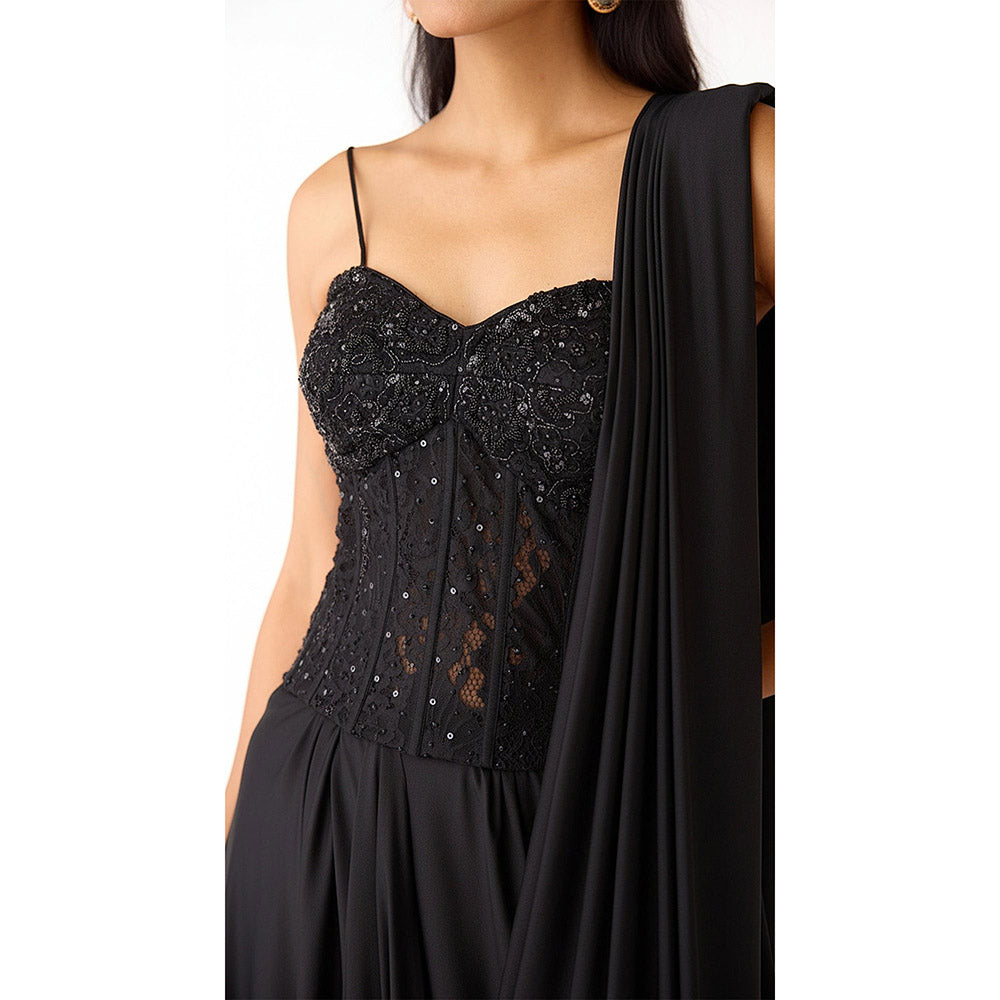 Basanti Kapde aur Koffee Black Chantley Net Draped Saree with Corset Stitched Blouse