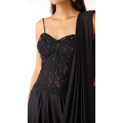 Basanti Kapde aur Koffee Black Chantley Net Draped Saree with Corset Stitched Blouse