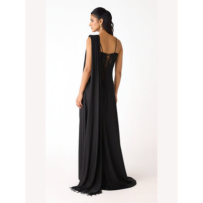 Basanti Kapde aur Koffee Black Chantley Net Draped Saree with Corset Stitched Blouse