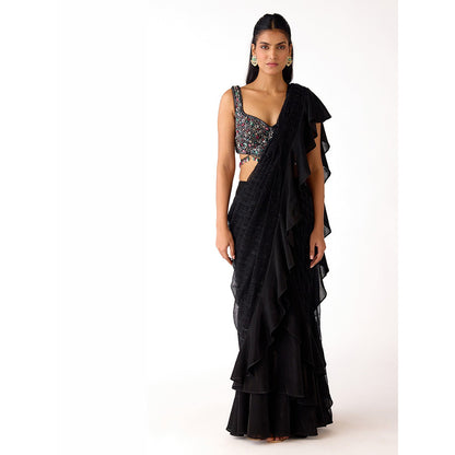 Basanti Kapde aur Koffee Black Embroidered Draped Saree with Stitched Blouse