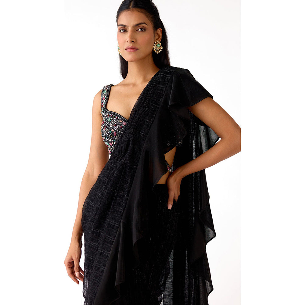 Basanti Kapde aur Koffee Black Embroidered Draped Saree with Stitched Blouse