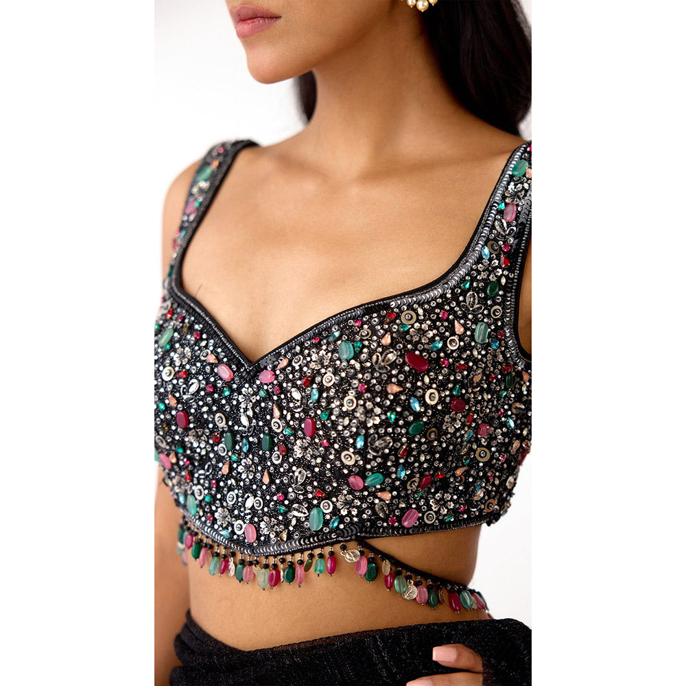 Basanti Kapde aur Koffee Black Embroidered Draped Saree with Stitched Blouse