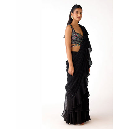 Basanti Kapde aur Koffee Black Embroidered Draped Saree with Stitched Blouse