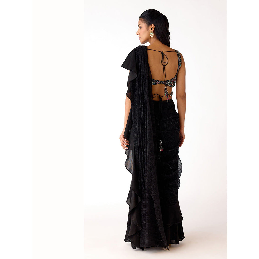 Basanti Kapde aur Koffee Black Embroidered Draped Saree with Stitched Blouse