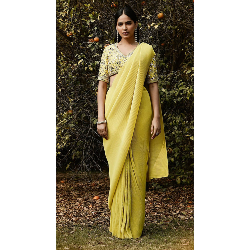 Basanti Kapde aur Koffee Lime Pre Draped Pleated Georgette Saree with Stitched Blouse