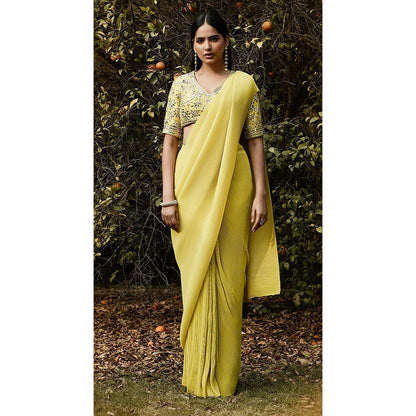 Basanti Kapde aur Koffee Lime Pre Draped Pleated Georgette Saree with Stitched Blouse