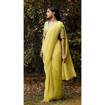 Basanti Kapde aur Koffee Lime Pre Draped Pleated Georgette Saree with Stitched Blouse