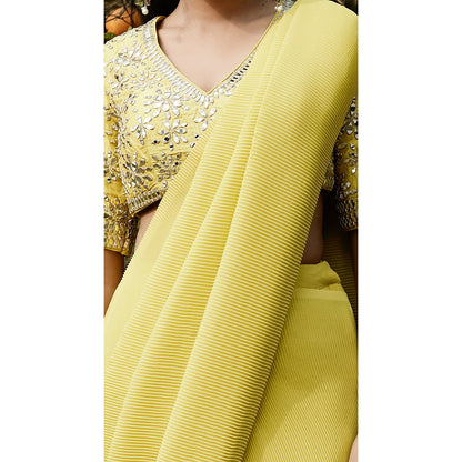 Basanti Kapde aur Koffee Lime Pre Draped Pleated Georgette Saree with Stitched Blouse