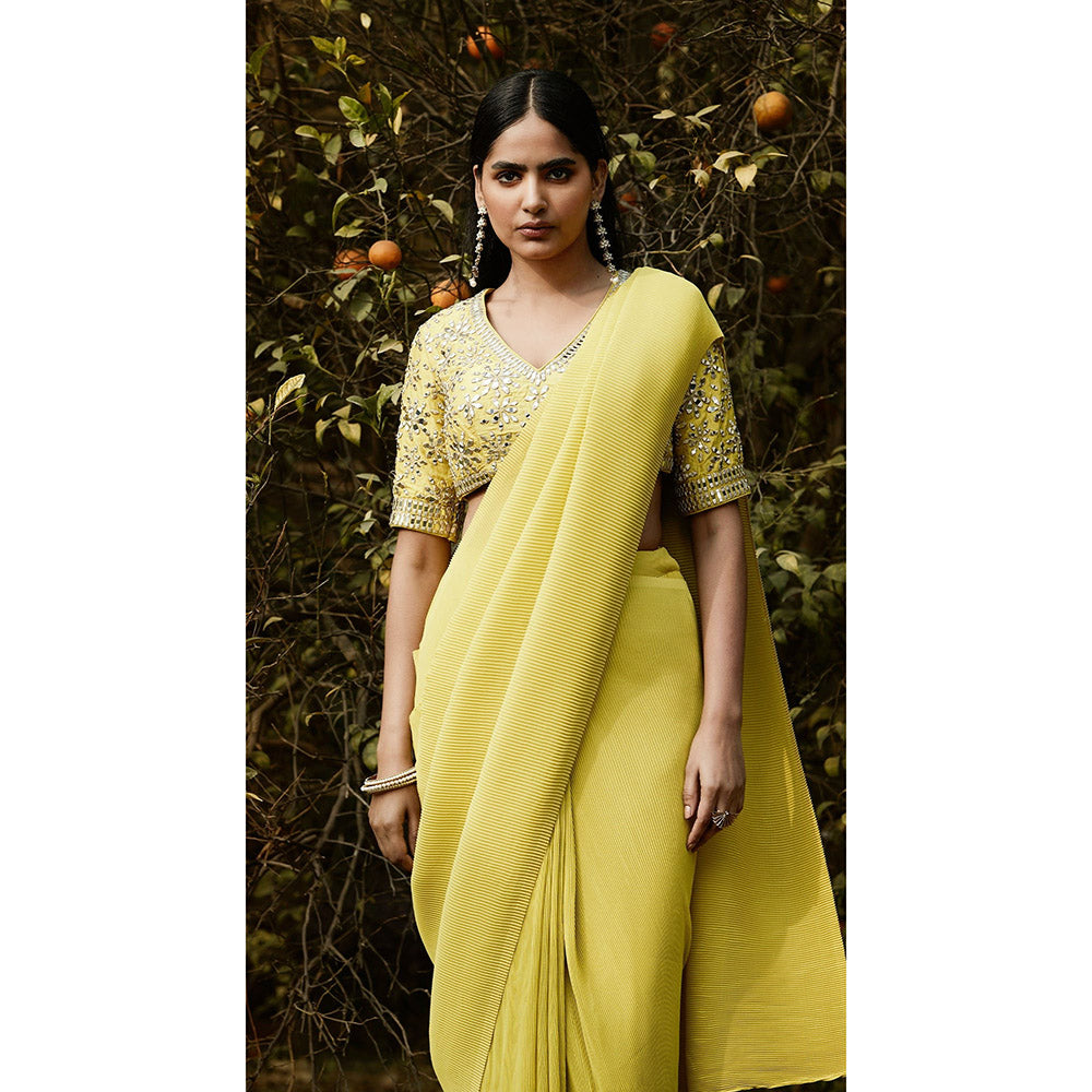 Basanti Kapde aur Koffee Lime Pre Draped Pleated Georgette Saree with Stitched Blouse