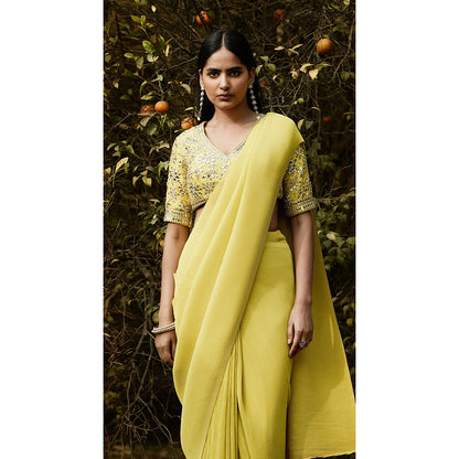 Basanti Kapde aur Koffee Lime Pre Draped Pleated Georgette Saree with Stitched Blouse